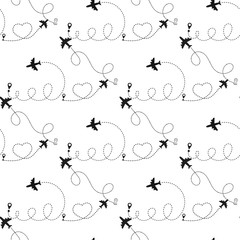 Travel concept seamless pattern. Airplane route in the dotted line shape. Airplane path with location markers. Vector