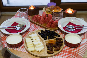 very nicely prepared dining table for special, valentines' day or Ramadan or Christmas in the living room. 