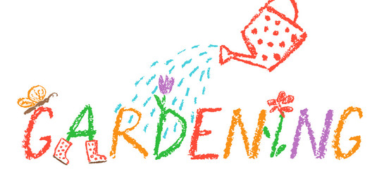 Crayon gardening header border background. Like child hand drawing funny outdoor copy space. Pencil or pastel chalk vector hand lettering font. Drawn flower, watering can shower, plant © larisa_zorina