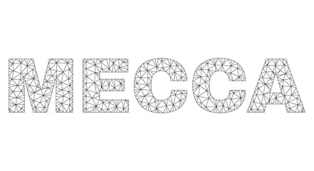 Mesh vector MECCA text. Abstract lines and small circles are organized into MECCA black carcass symbols. Wire carcass 2D polygonal mesh in vector format.