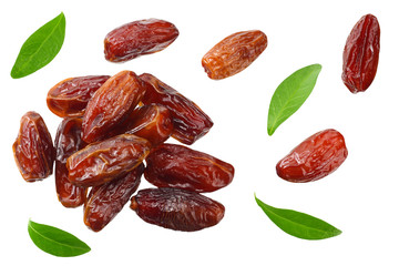 date fruits with green leaves isolated on white background. top view