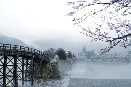 Kintai Kyo bridge on rainy day, Iwakumi Hiroshima, japan