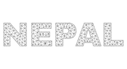 Mesh vector NEPAL text. Abstract lines and small circles are organized into NEPAL black carcass symbols. Linear frame 2D polygonal mesh in vector format.
