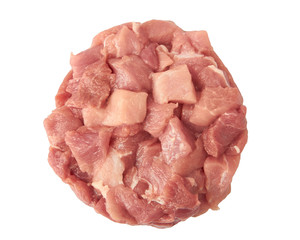 Diced fresh meat laid out in a circle isolated on white