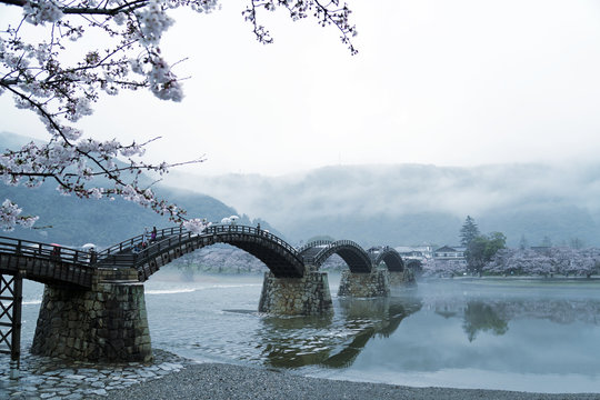 Kintai Kyo bridge on rainy day, Iwakumi Hiroshima, japan