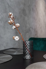 Dried cotton branch in stylish ceramic vase stands on black kitchen table. Interesting modern interior details. Grey wall background.