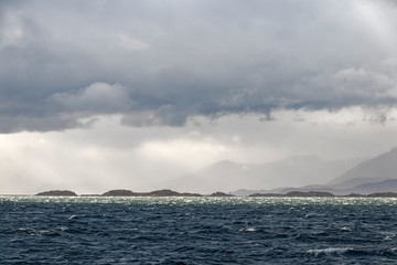 Argentina, Patagonia – view from the ocean to the mountain peaks.