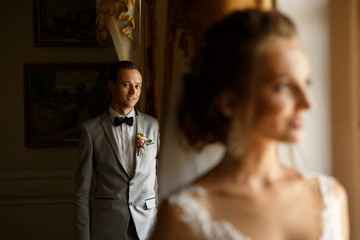 Elegant wedding couple, bride and groom posing at wedding day