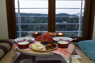 very nicely prepared dining table for special, valentines' day or Ramadan or Christmas in the living room. 