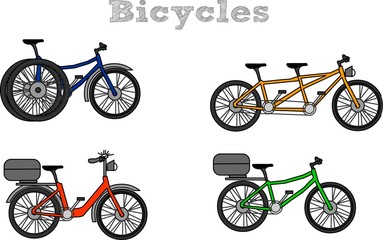 Bicycles. Three wheelers, two wheels, tandem bikes. Yellow, green, blue, red bicycle. 2d drawing vector.