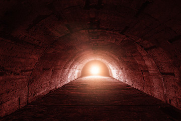 Underground tunnel or corridor with red light in end, thriller or horror atmosphere concept - obrazy, fototapety, plakaty