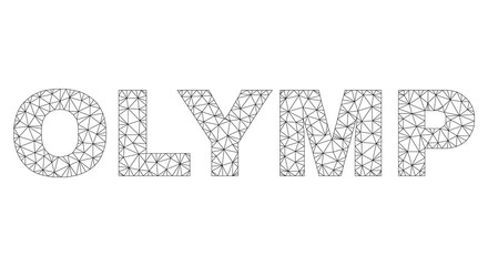 Mesh vector OLYMP text. Abstract lines and circle dots form OLYMP black carcass symbols. Wire carcass flat triangular mesh in vector format.