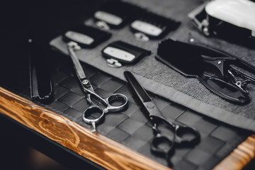 Professional barber tools in case for barbershop, work place