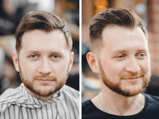 Before and after man in barber chair, hairdresser styling in barbershop