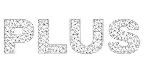 Mesh vector PLUS text. Abstract lines and small circles form PLUS black carcass symbols. Linear frame flat polygonal mesh in vector format.