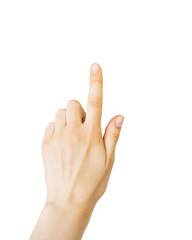 women's hand points to or clicks on a white isolated background