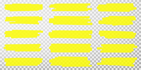 Highlighter lines. Hand drawn yellow highlighter marker strokes. Set of transparent fluorescent highlighter markers