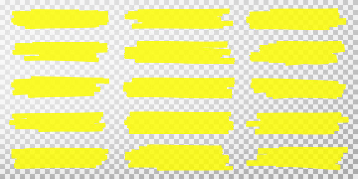 Highlighter lines. Hand drawn yellow highlighter marker strokes. Set of transparent fluorescent highlighter markers