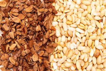 Background of big raw peeled almonds background. 