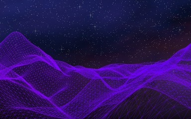 Abstract ultraviolet landscape on a dark background. Purple cyberspace grid. hi tech network. Outer space. Violet starry outer space texture. 3D illustration