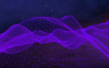 Abstract ultraviolet landscape on a dark background. Purple cyberspace grid. hi tech network. Outer space. Violet starry outer space texture. 3D illustration