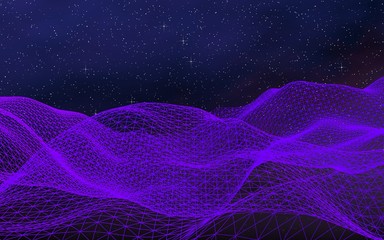 Abstract ultraviolet landscape on a dark background. Purple cyberspace grid. hi tech network. Outer space. Violet starry outer space texture. 3D illustration