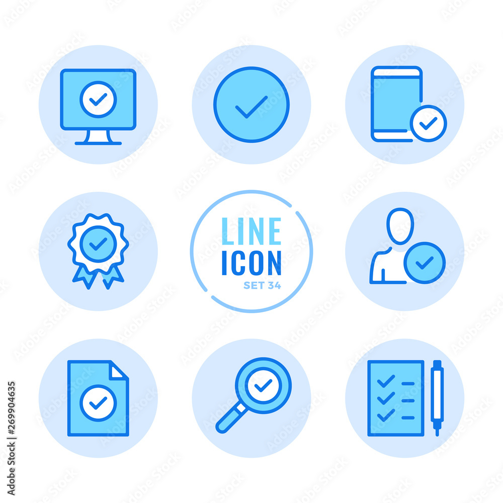 Poster approve vector line icons set. quality control, check mark, verification, checkmark outline symbols.