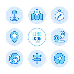 Location vector line icons set. Navigation, map, compass, route, flag outline symbols. Modern simple stroke graphic elements. Round icons