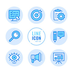 SEO vector line icons set. Digital marketing, online advertising, copywriting, social media promotion outline symbols. Modern simple stroke graphic elements. Round icons