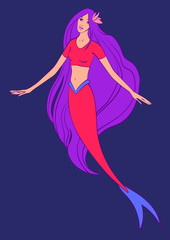 Beautiful mermaid with flower in flowing hair. Vector cartoon magic young girl undersea illustration, fantastic creature isolated on blue background