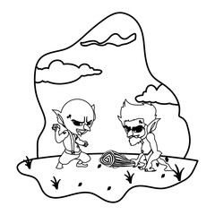 ugly troll with caveman gnome in the camp magic characters