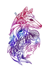 Fox in patterns with a dream catcher and feathers