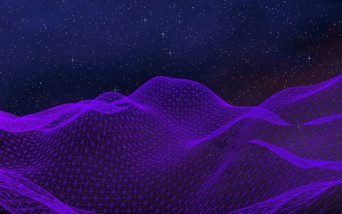 Fototapeta premium Abstract ultraviolet landscape on a dark background. Purple cyberspace grid. hi tech network. Outer space. Violet starry outer space texture. 3D illustration