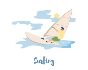 Fototapeta premium Modern cartoon flat character doing summer sport activity,landing page,sales banner flyer poster,web online concept,healthy lifestyle design.Flat cartoon man windsurfing,sporting,sea surfing on wave