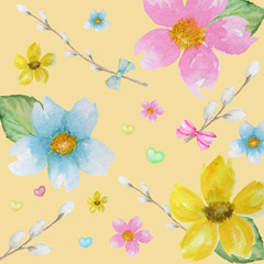 Fototapeta na wymiar Spring flowers, willow , bow, heart background pattern. Green, yellow, light blue colors wallpaper texture
