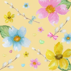 Foto op Canvas Spring flowers,  willow , bow, heart background pattern. Green, yellow, light blue colors wallpaper texture © Svetlana