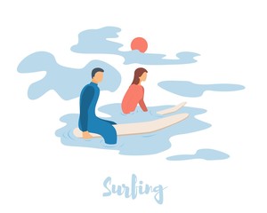 Modern cartoon flat characters doing summer sport activity,landing page,sales banner flyer poster,web online concept of healthy lifestyle design.Flat cartoon family people surfing,sporting in water