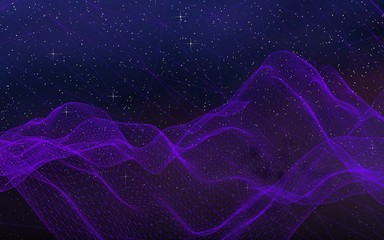 Abstract ultraviolet landscape on a dark background. Purple cyberspace grid. hi tech network. Outer space. Violet starry outer space texture. 3D illustration