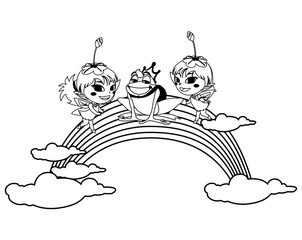 beautiful magic fairies with toad prince and rainbow scene