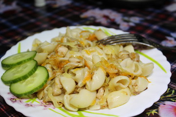 photo plates of noodles with meat,cabbage,carrots,cucumber
