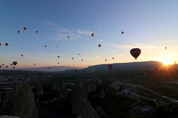 Hot air balloons over Goreme, Turkey, before sunrise.