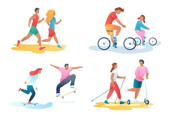 Gradient cartoon flat characters summer sport activity,sales banner flyer poster,web online concept design elements scenes,healthy lifestyle design set.Biking,skateboarding,nordic walk,running