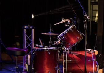 Fototapeta na wymiar drum set on stage in a concert hall, close-up