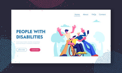 Man with Physical Disorder Sit in Wheelchair with Friends Around, Group of Mates Making Selfie Outdoors. Friendship, Relations, Website Landing Page, Web Page. Cartoon Flat Vector Illustration, Banner