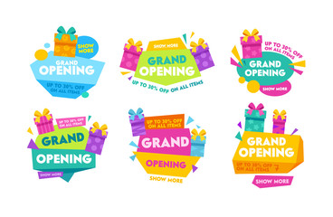 Grand Opening Labels and Badges Set with Colorful Typography, Cartoon Gift Boxes and Geometric Shapes. Templates Collection Design for Promo Posters, Advertising Banners, Ad Flyers Vector Illustration