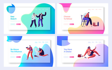Drunk Men and Women Website Landing Page Set, Alcohol Addiction People. Male and Female Characters Have Pernicious Habits and Substance Abuse, Web Page. Cartoon Flat Vector Illustration, Banner