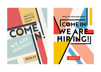 Business Recruiting Banner Design Set, Hiring Recruitment Posters, We Are Hiring Typography on Geometric Retro and Modern Colored Shapes Background. Flyer, Brochure Cover Template. Vector Illustration