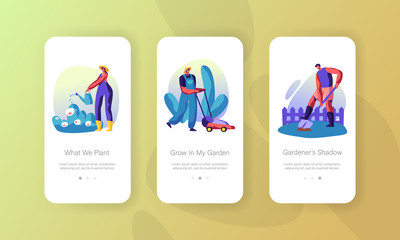 Gardeners Growing, Caring of Plants in Garden Concept for Website or Web Page, People Planting, Watering, Digging Soil, Mowing Lawn Mobile App Page Onboard Screen Set Cartoon Flat Vector Illustration