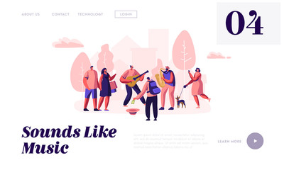 Guitarist and Saxophonist Playing Music in Park, People Watching Concert, Put Money in Hat, Street Musicians Perform Outdoors. Website Landing Page, Web Page. Cartoon Flat Vector Illustration, Banner