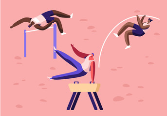 High Jump, over Barrier and with Pole, Exercise on Vaulting Horse. Olympic Games Sports Competition, Championship, Professional Sportsmen and Sportswomen Activity Cartoon Flat Vector Illustration